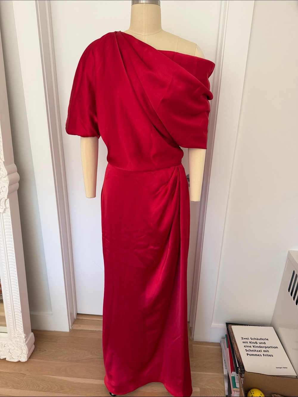 Amsale One-Shoulder Red Draped Evening Gown